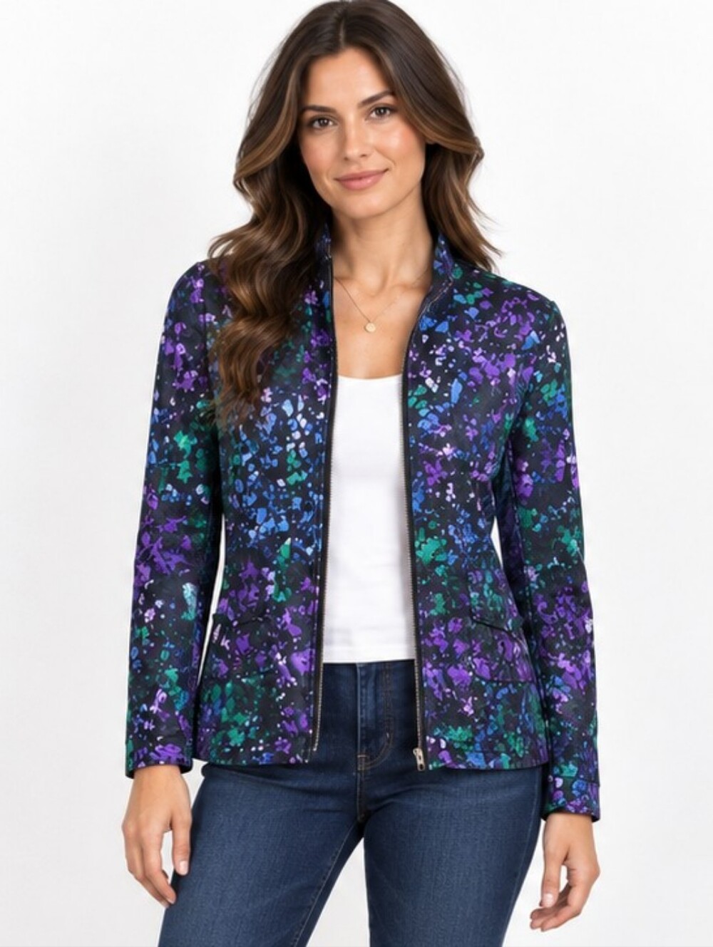 Laura Ashley Floral Art Print Zip Jacket Small Purple Green Lightweight